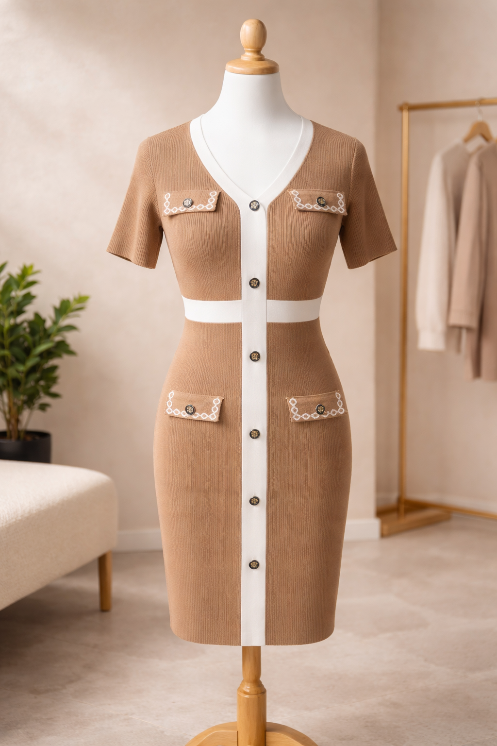 Elegant Short Knit Dress – Modest Christian Women's Dress | Button Front Short Sleeve Dress | P31 Clothing